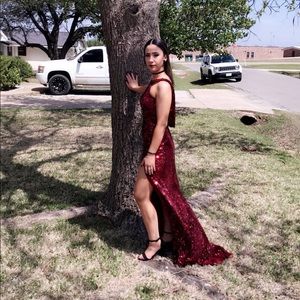 Red sequenced prom dress